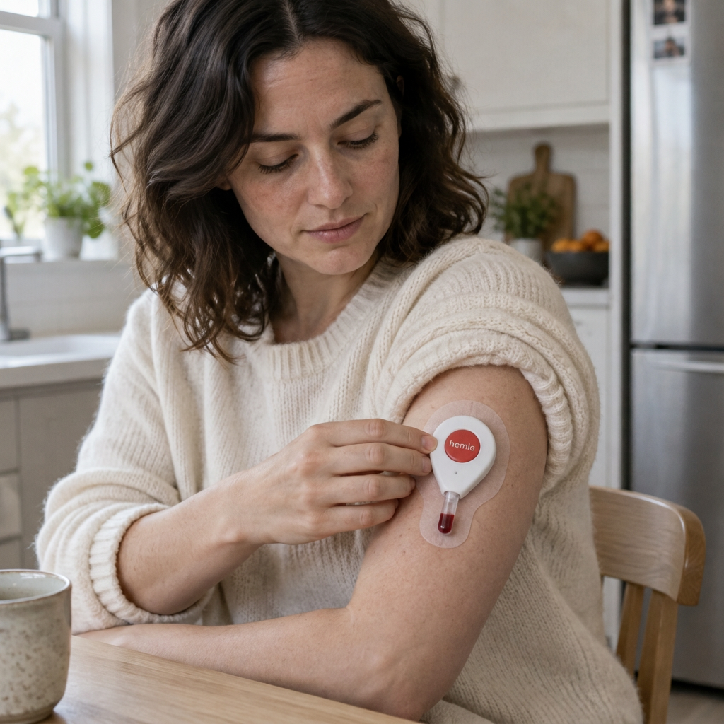 Patient collecting a painless blood sample at home with the Hemio upper-arm device